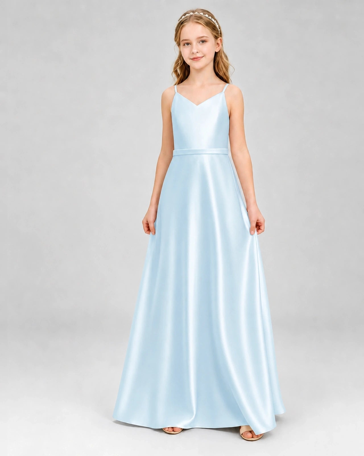 Dideyttawl Satin Junior Bridesmaid Dress with Detachable Chiffon Cape