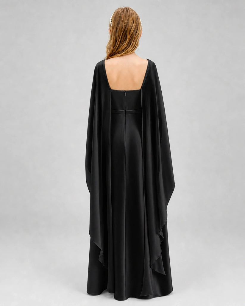 Black Satin Cape Junior Bridesmaid Dresses Back View