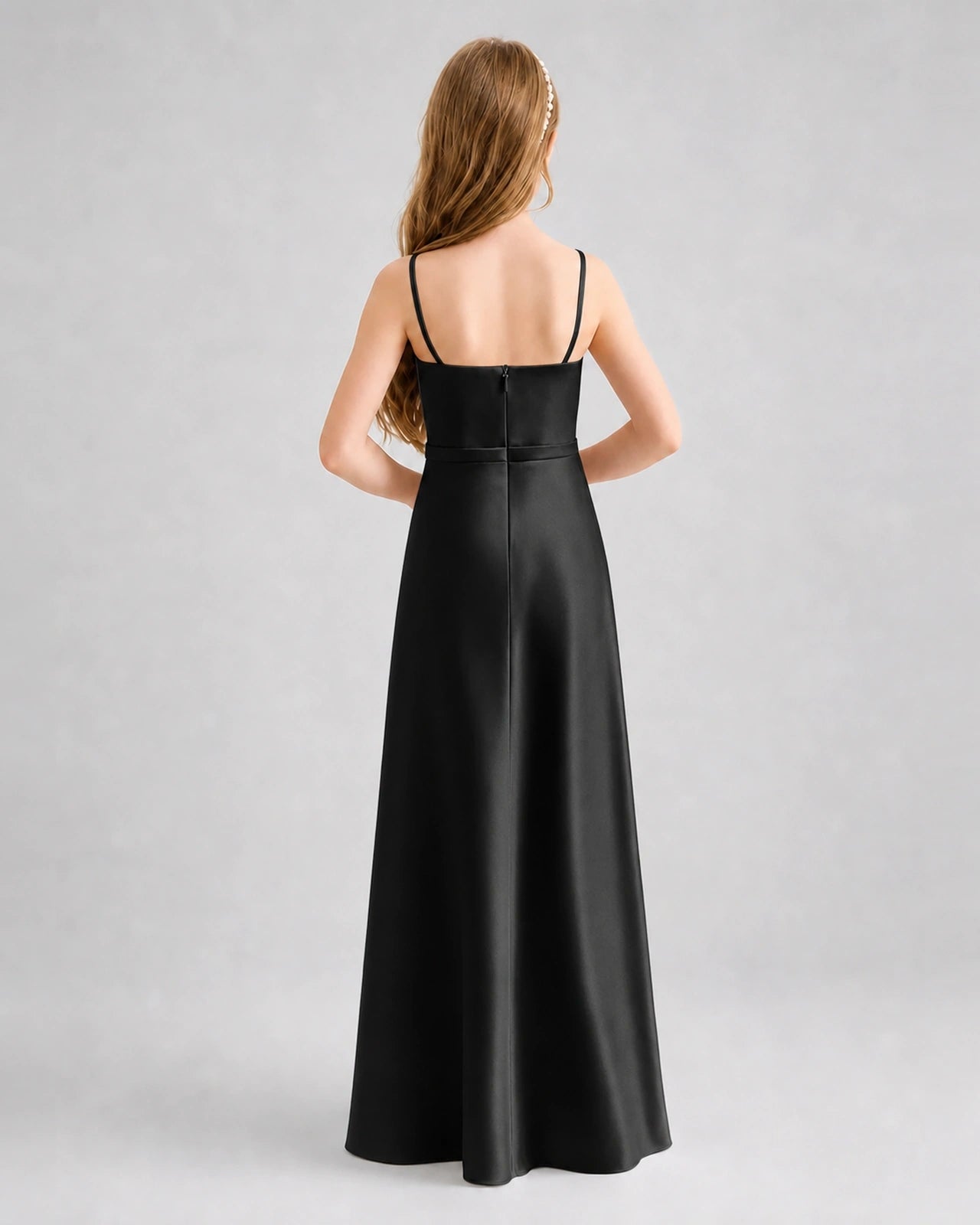 Dideyttawl Satin Junior Bridesmaid Dress with Detachable Chiffon Cape