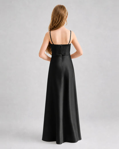 Dideyttawl Satin Junior Bridesmaid Dress with Detachable Chiffon Cape