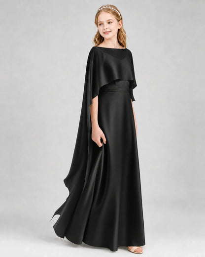 Dideyttawl Satin Junior Bridesmaid Dress with Detachable Chiffon Cape