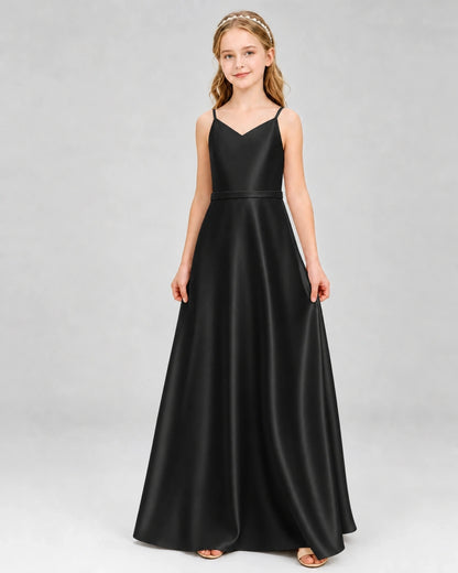 Dideyttawl Satin Junior Bridesmaid Dress with Detachable Chiffon Cape