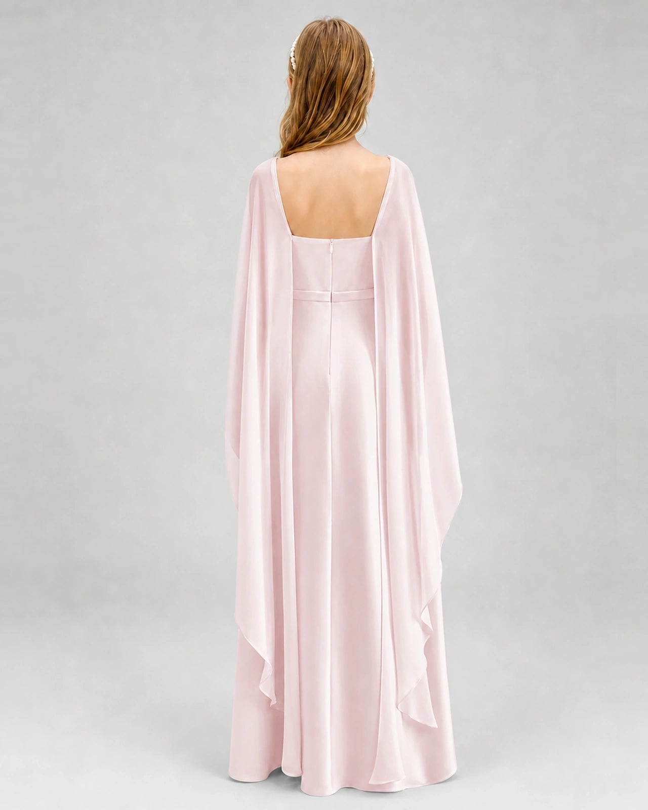 Dideyttawl Satin Junior Bridesmaid Dress with Detachable Chiffon Cape