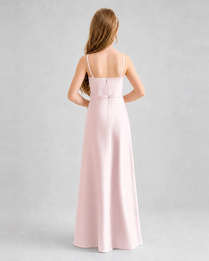 Dideyttawl Satin Junior Bridesmaid Dress with Detachable Chiffon Cape