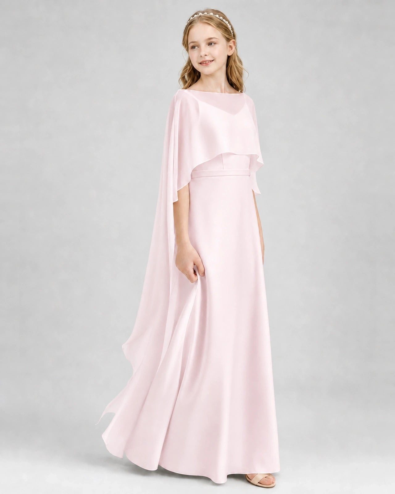 Dideyttawl Satin Junior Bridesmaid Dress with Detachable Chiffon Cape