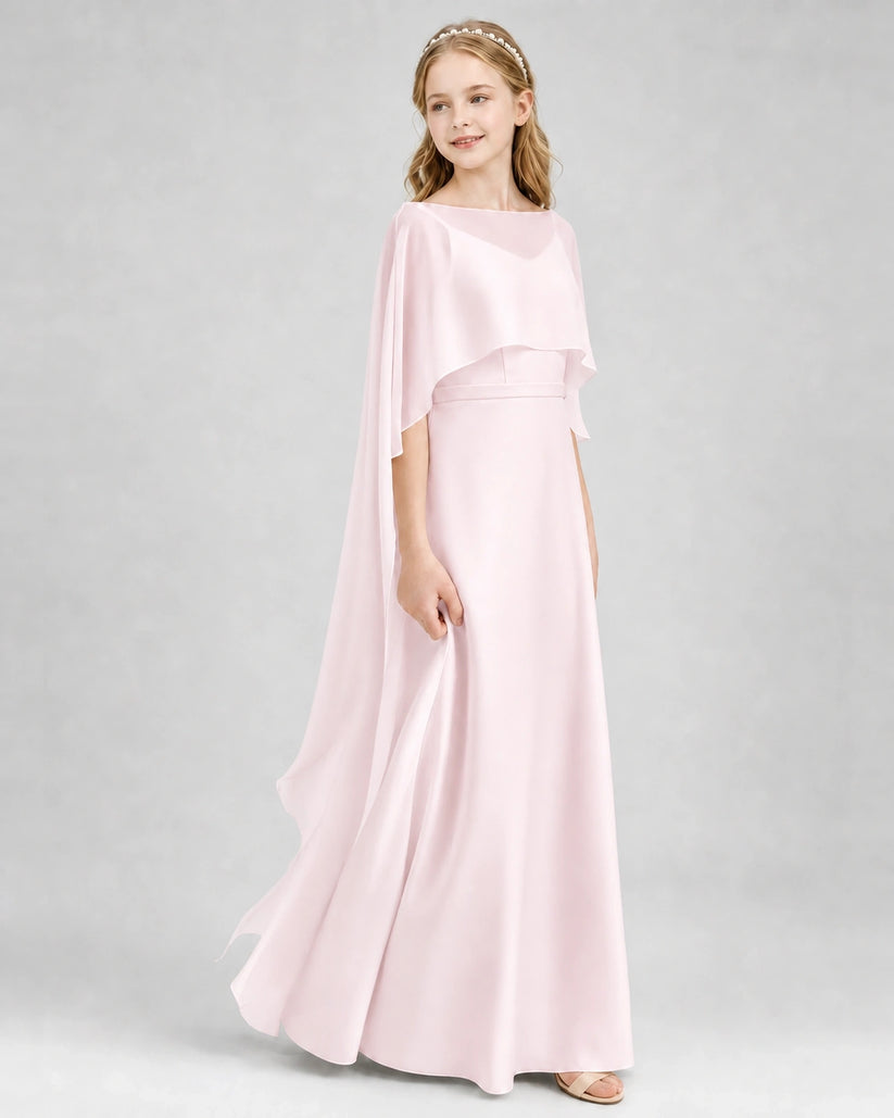 Blush Pink Satin Cape Junior Bridesmaid Dresses Front View