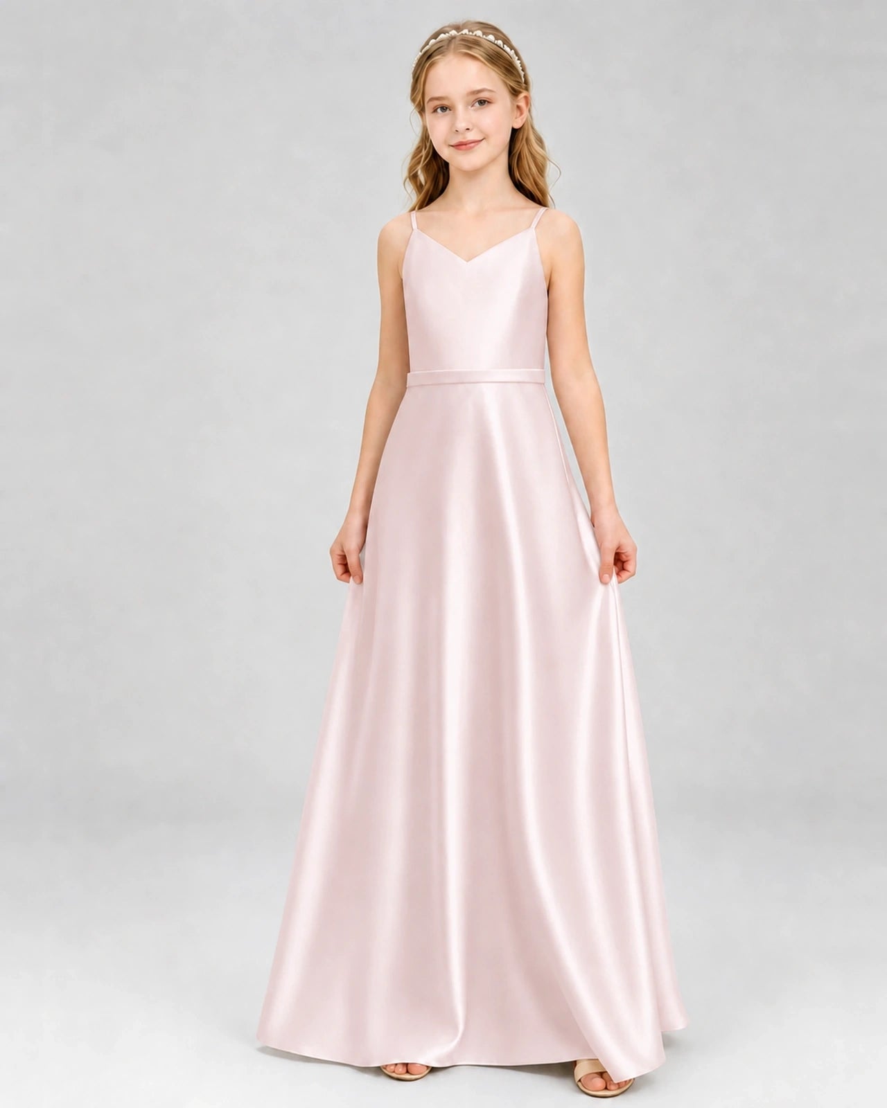 Dideyttawl Satin Junior Bridesmaid Dress with Detachable Chiffon Cape