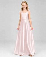 Blush Pink Satin V-Neck A-Line Junior Bridesmaid Dresses Front View