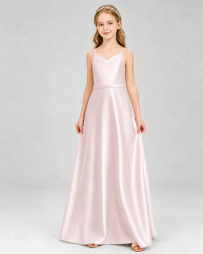 Dideyttawl Satin Junior Bridesmaid Dress with Detachable Chiffon Cape