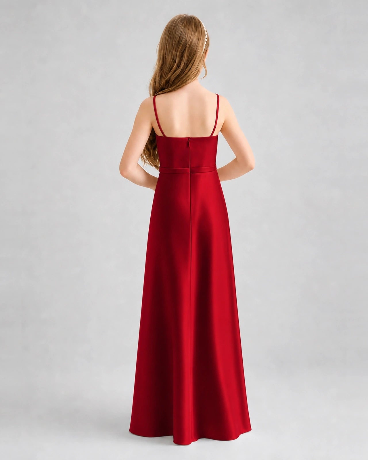 Dideyttawl Satin Junior Bridesmaid Dress with Detachable Chiffon Cape