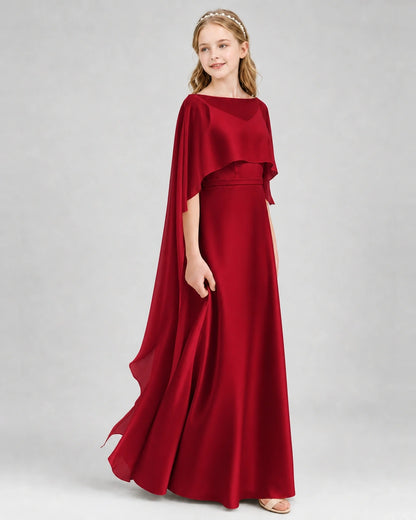 Dideyttawl Satin Junior Bridesmaid Dress with Detachable Chiffon Cape
