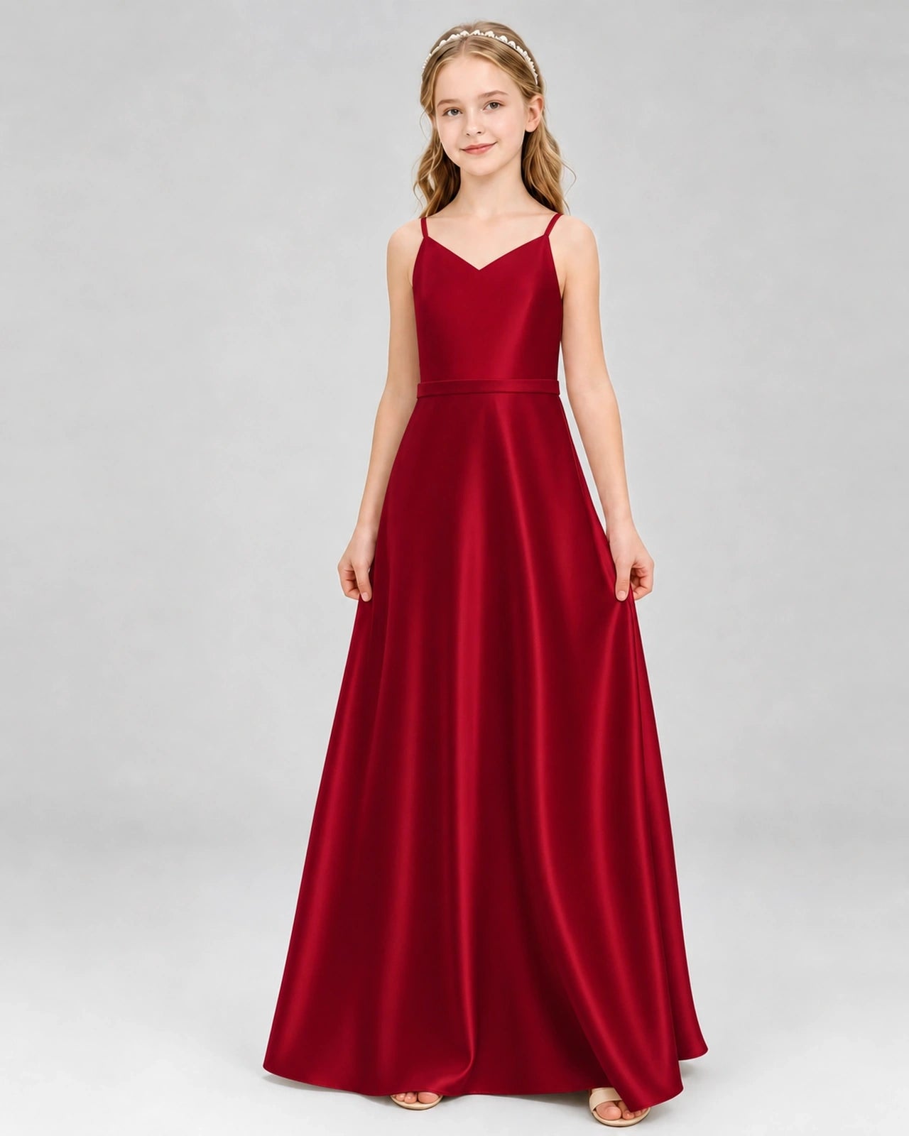 Dideyttawl Satin Junior Bridesmaid Dress with Detachable Chiffon Cape