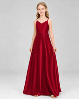 Burgundy Satin V-Neck A-Line Junior Bridesmaid Dresses Front View