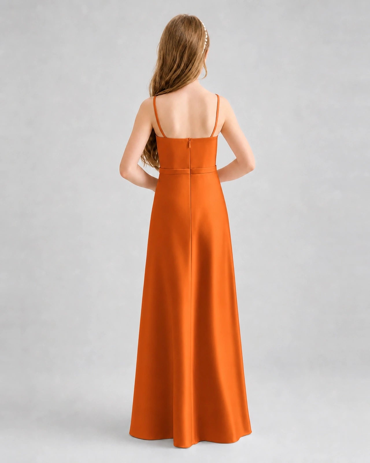 Dideyttawl Satin Junior Bridesmaid Dress with Detachable Chiffon Cape