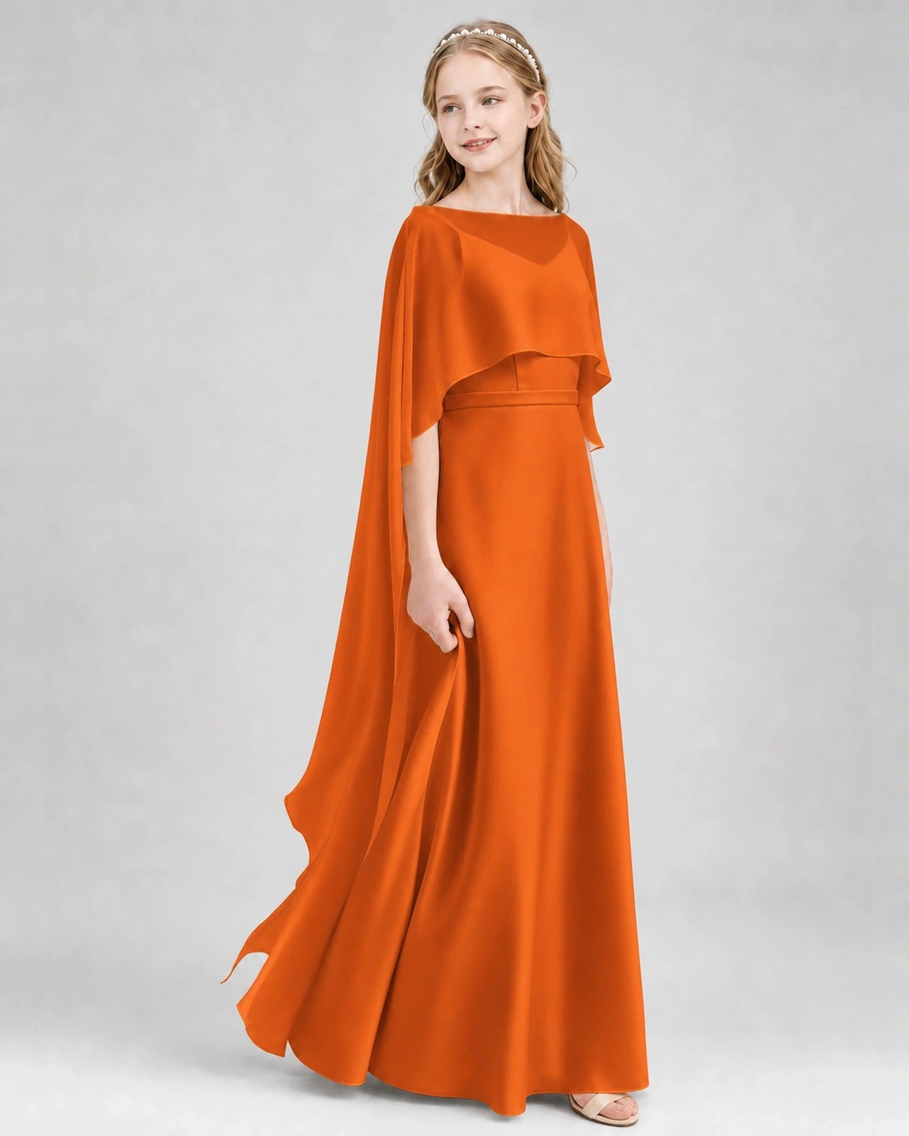 Dideyttawl Satin Junior Bridesmaid Dress with Detachable Chiffon Cape