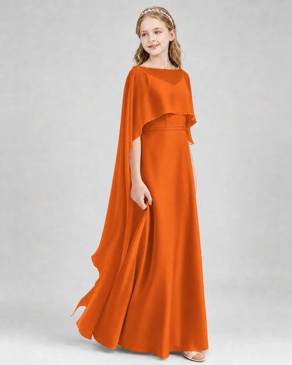 Dideyttawl Satin Junior Bridesmaid Dress with Detachable Chiffon Cape