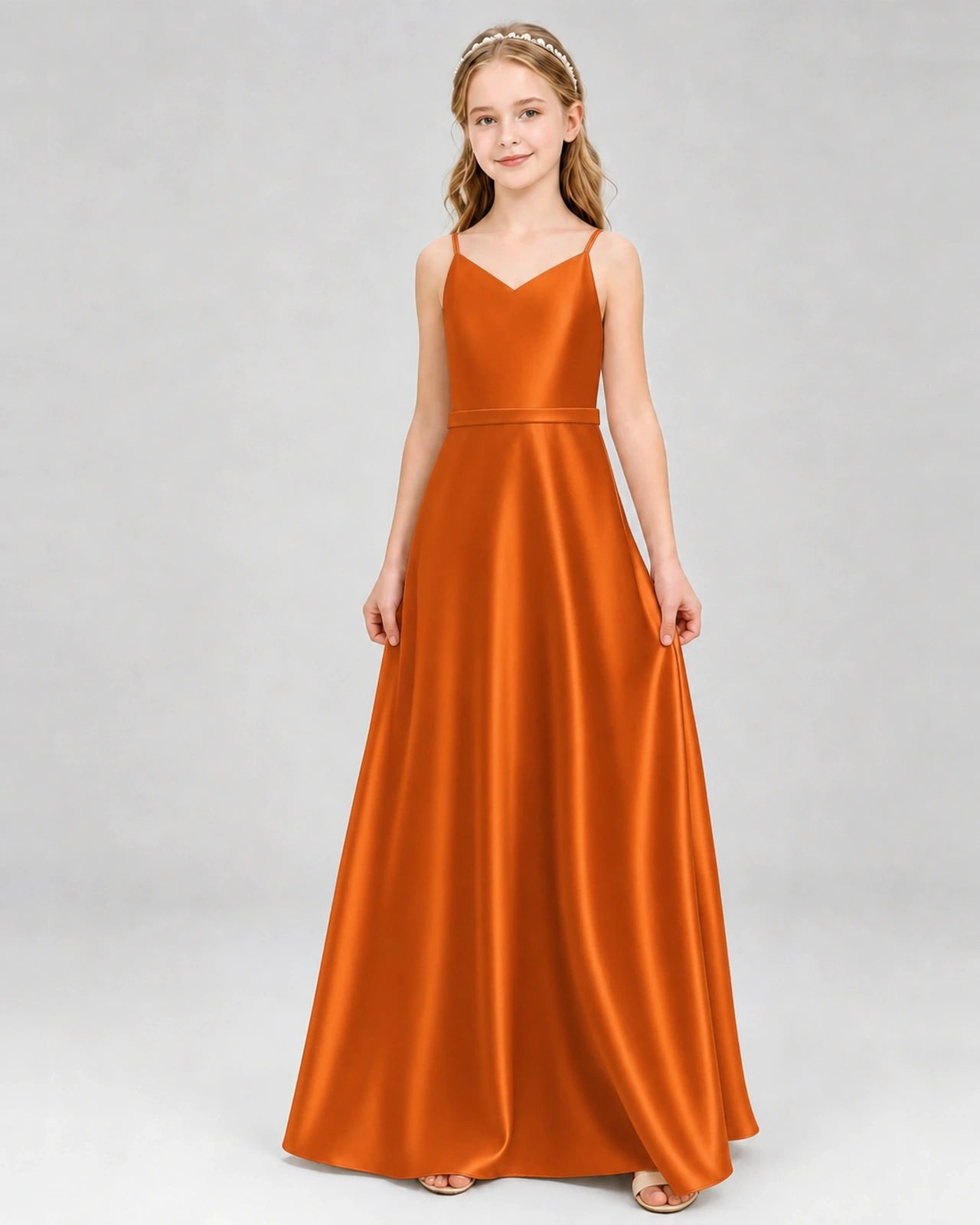 Dideyttawl Satin Junior Bridesmaid Dress with Detachable Chiffon Cape