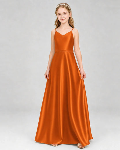 Dideyttawl Satin Junior Bridesmaid Dress with Detachable Chiffon Cape