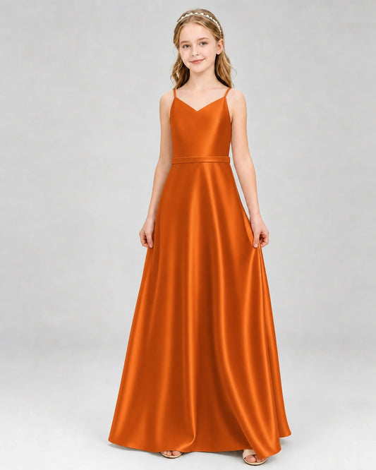 Burnt Orange Satin A-Line Junior Bridesmaid Dresses Front View