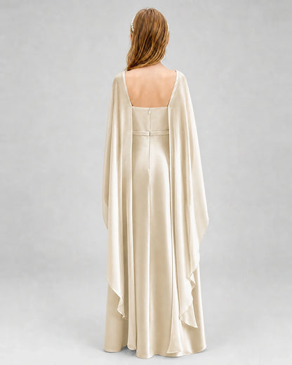 Dideyttawl Satin Junior Bridesmaid Dress with Detachable Chiffon Cape