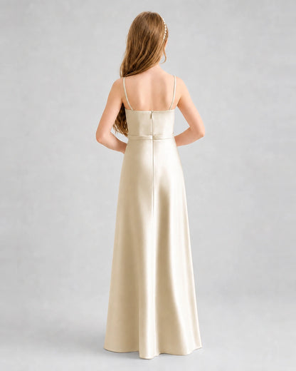 Dideyttawl Satin Junior Bridesmaid Dress with Detachable Chiffon Cape