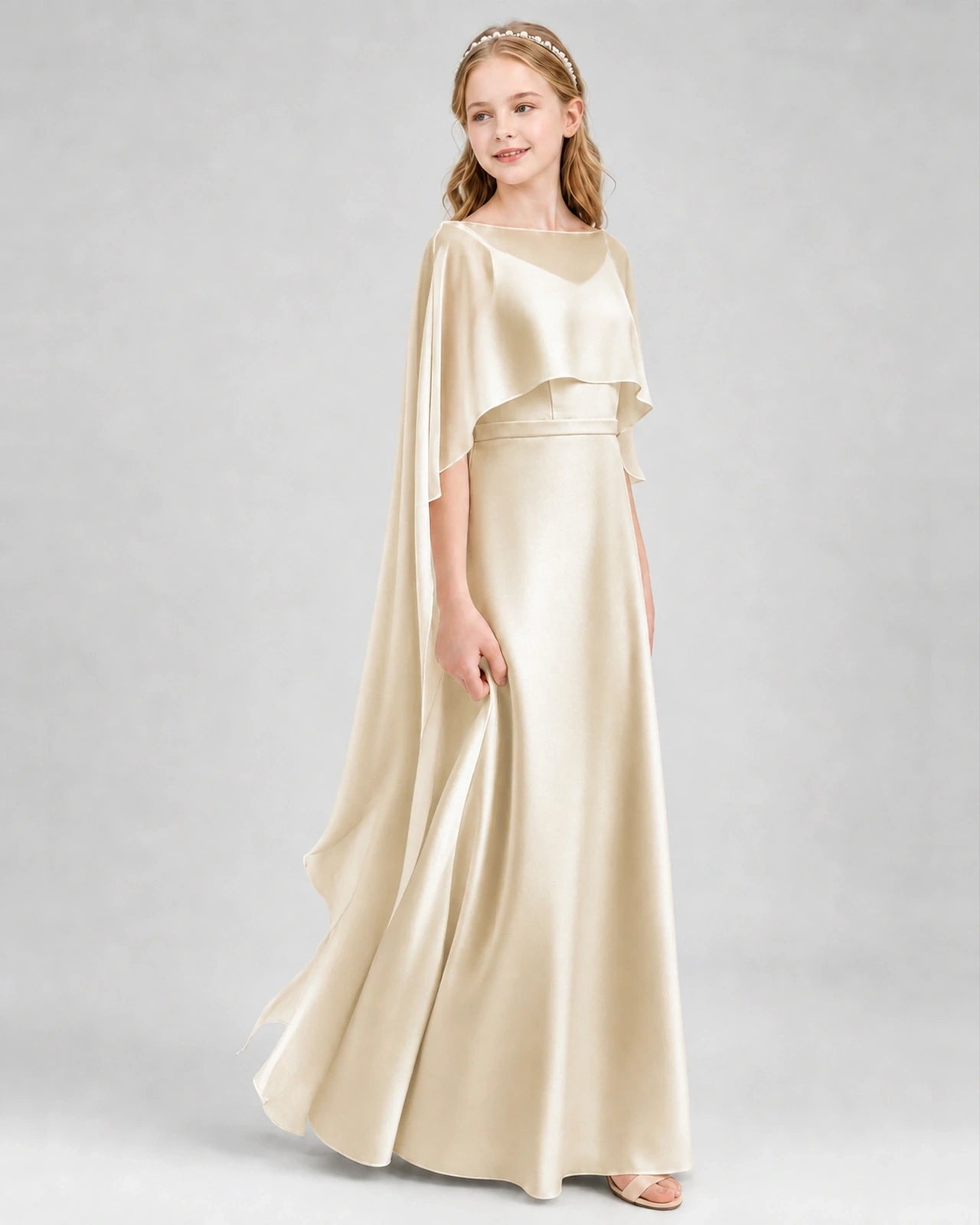 Dideyttawl Satin Junior Bridesmaid Dress with Detachable Chiffon Cape