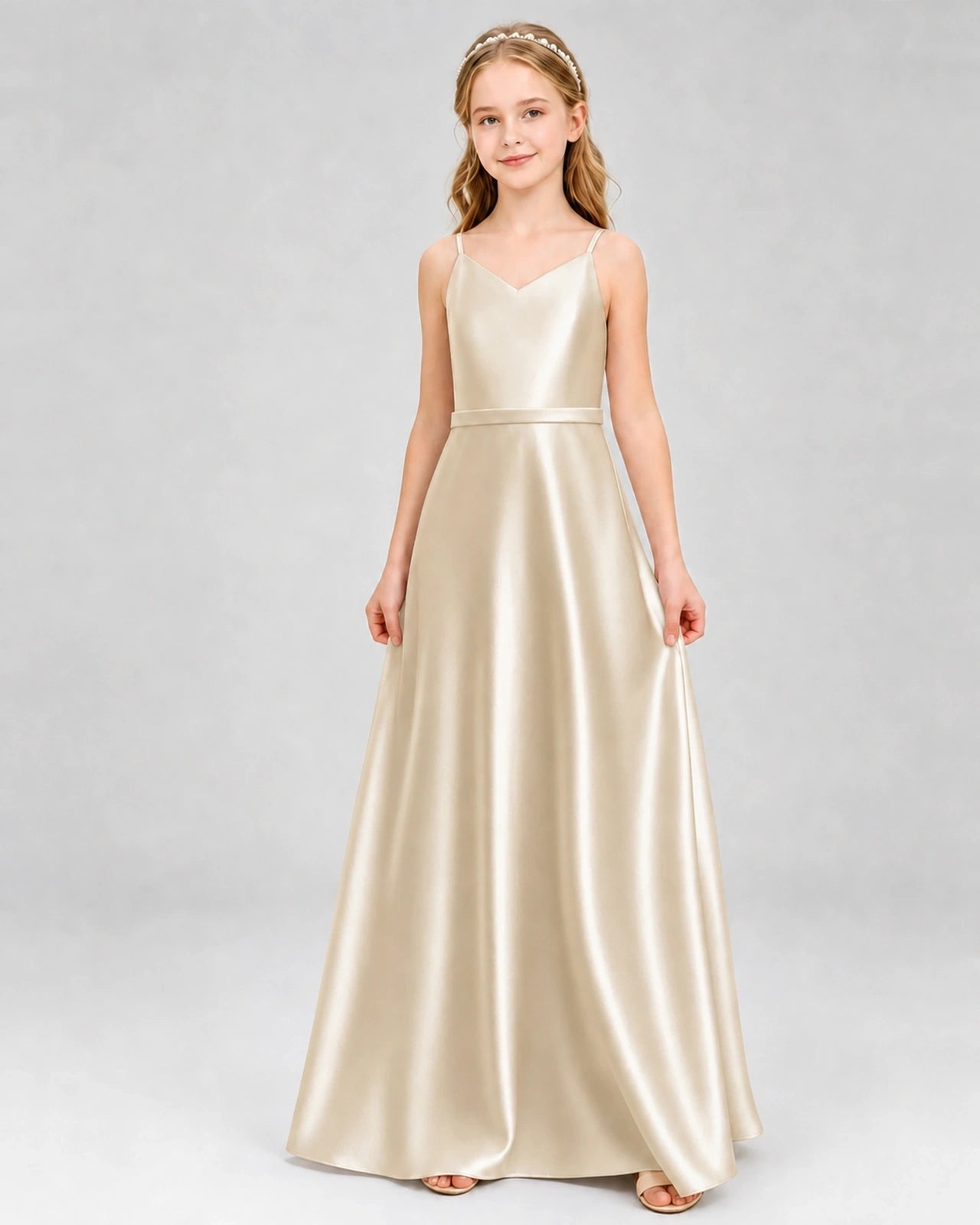 Dideyttawl Satin Junior Bridesmaid Dress with Detachable Chiffon Cape