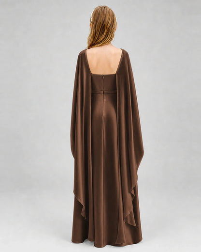 Dideyttawl Satin Junior Bridesmaid Dress with Detachable Chiffon Cape