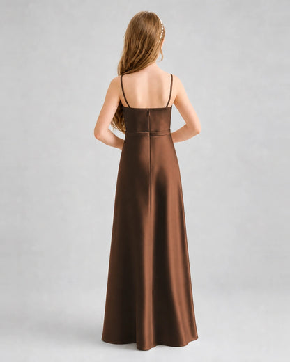 Dideyttawl Satin Junior Bridesmaid Dress with Detachable Chiffon Cape