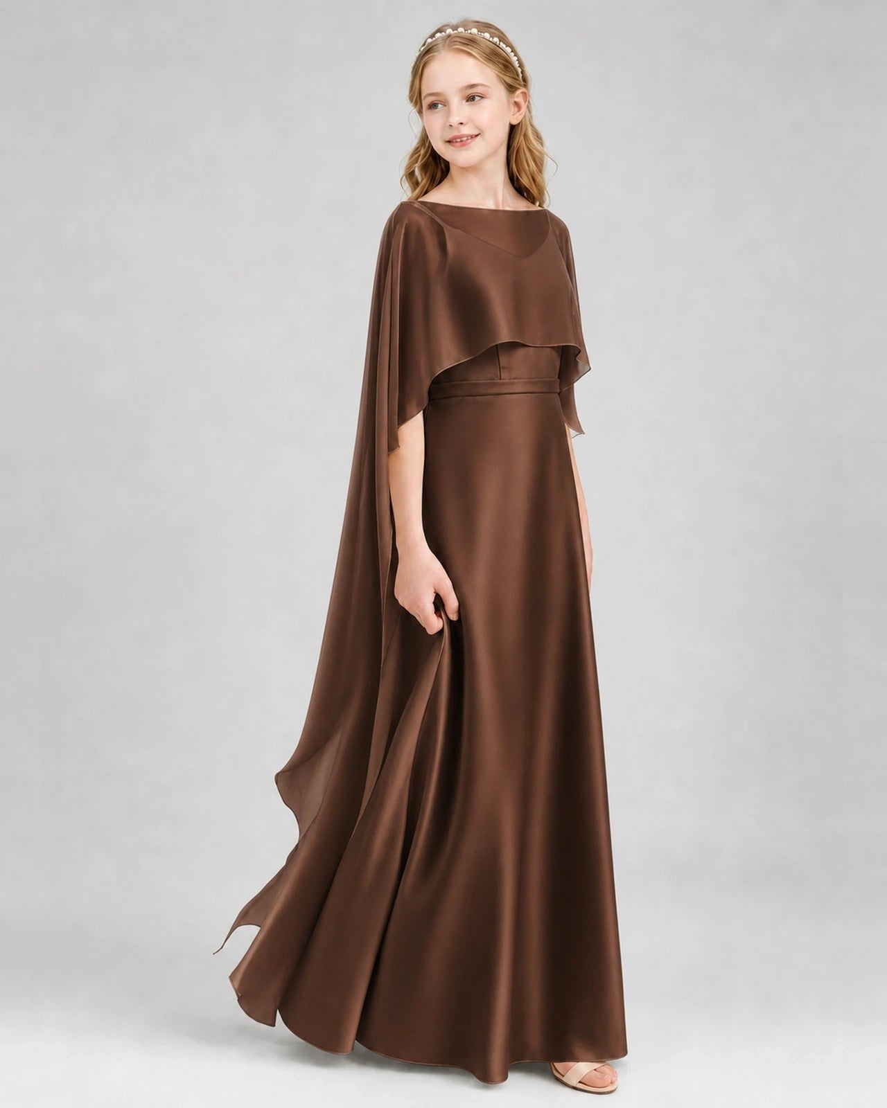 Dideyttawl Satin Junior Bridesmaid Dress with Detachable Chiffon Cape