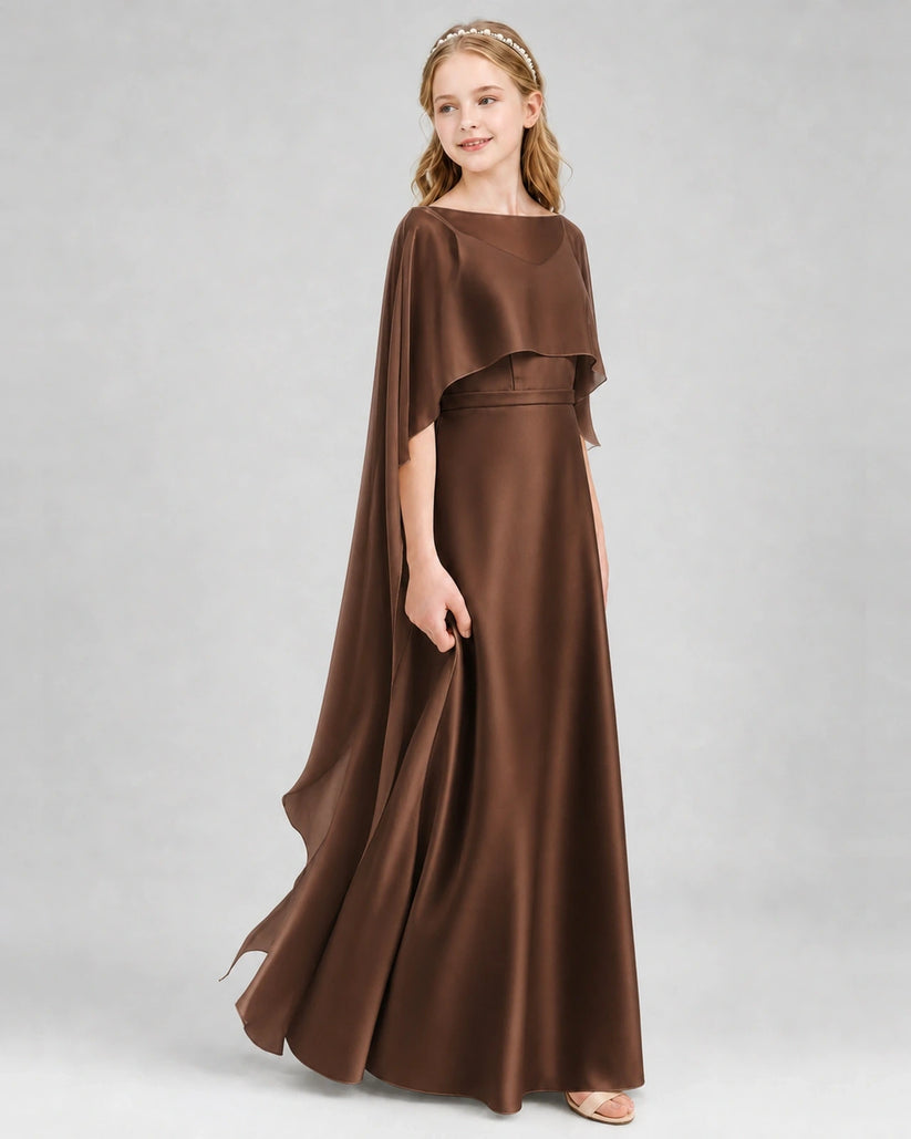 Chocolate Satin Cape Junior Bridesmaid Dresses Front View