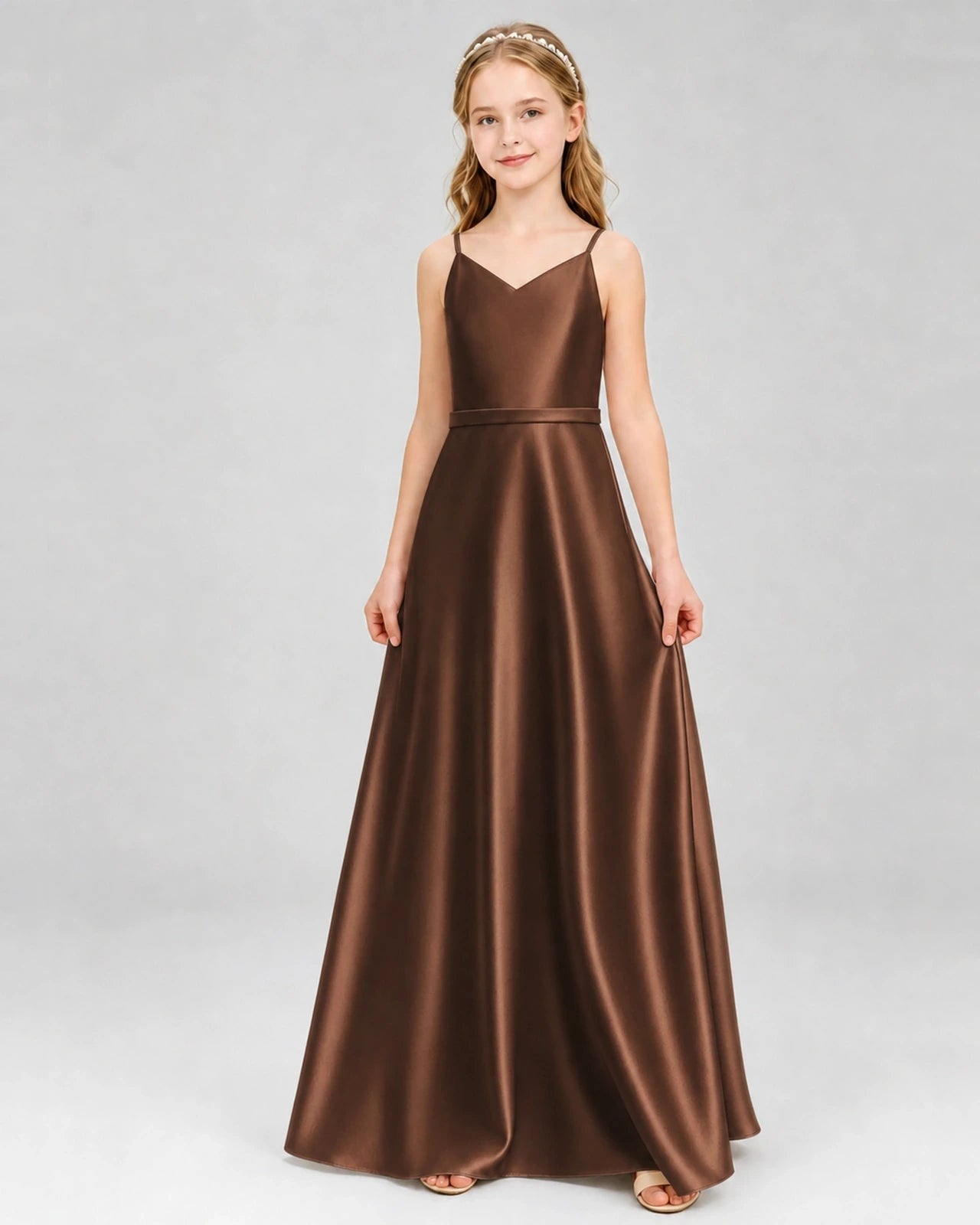 Dideyttawl Satin Junior Bridesmaid Dress with Detachable Chiffon Cape