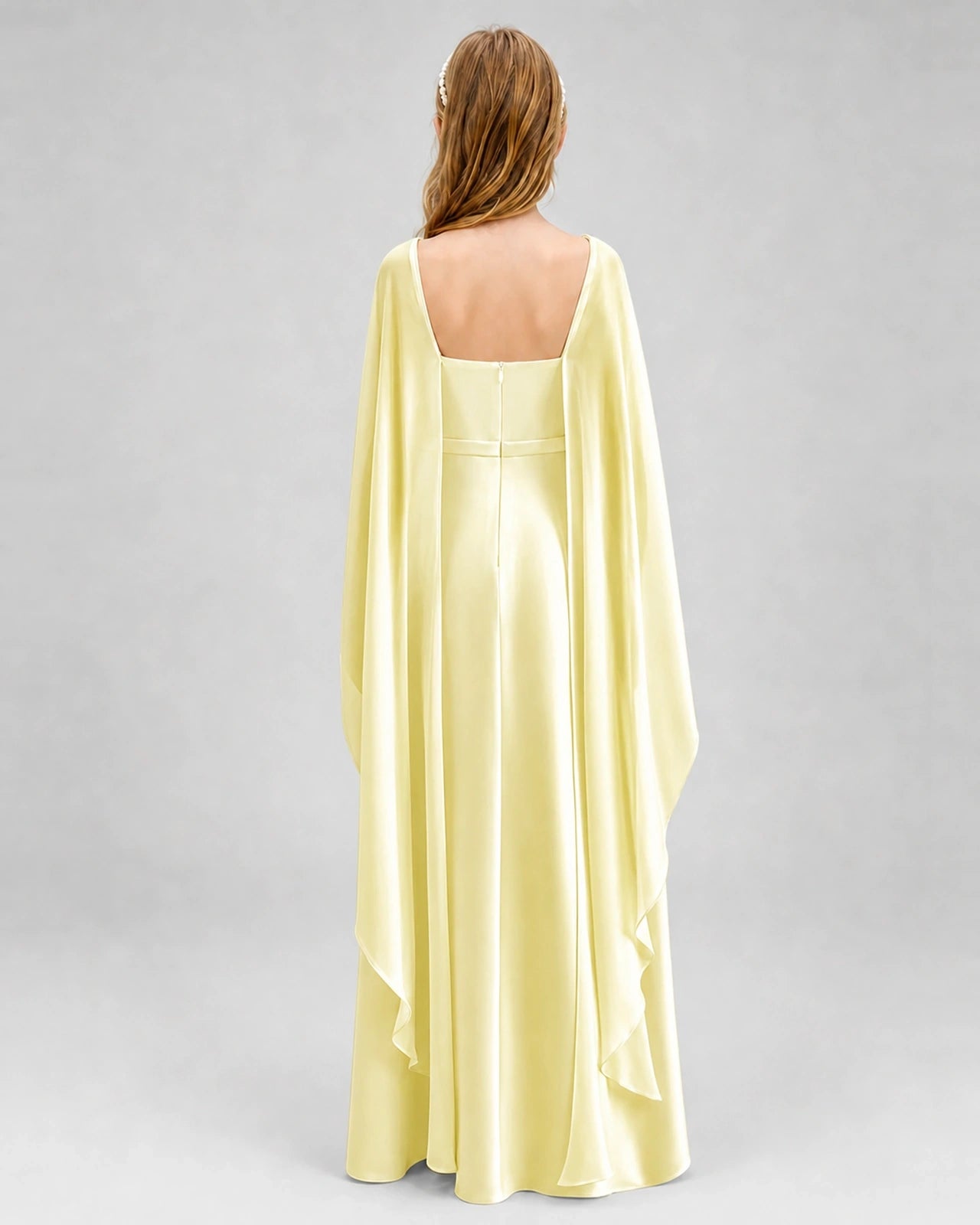 Dideyttawl Satin Junior Bridesmaid Dress with Detachable Chiffon Cape
