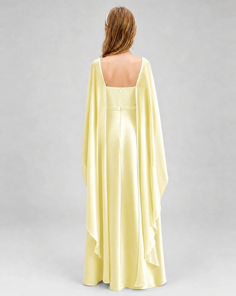 Daffodil Satin Cape Sleeve Junior Bridesmaid Dresses Back View