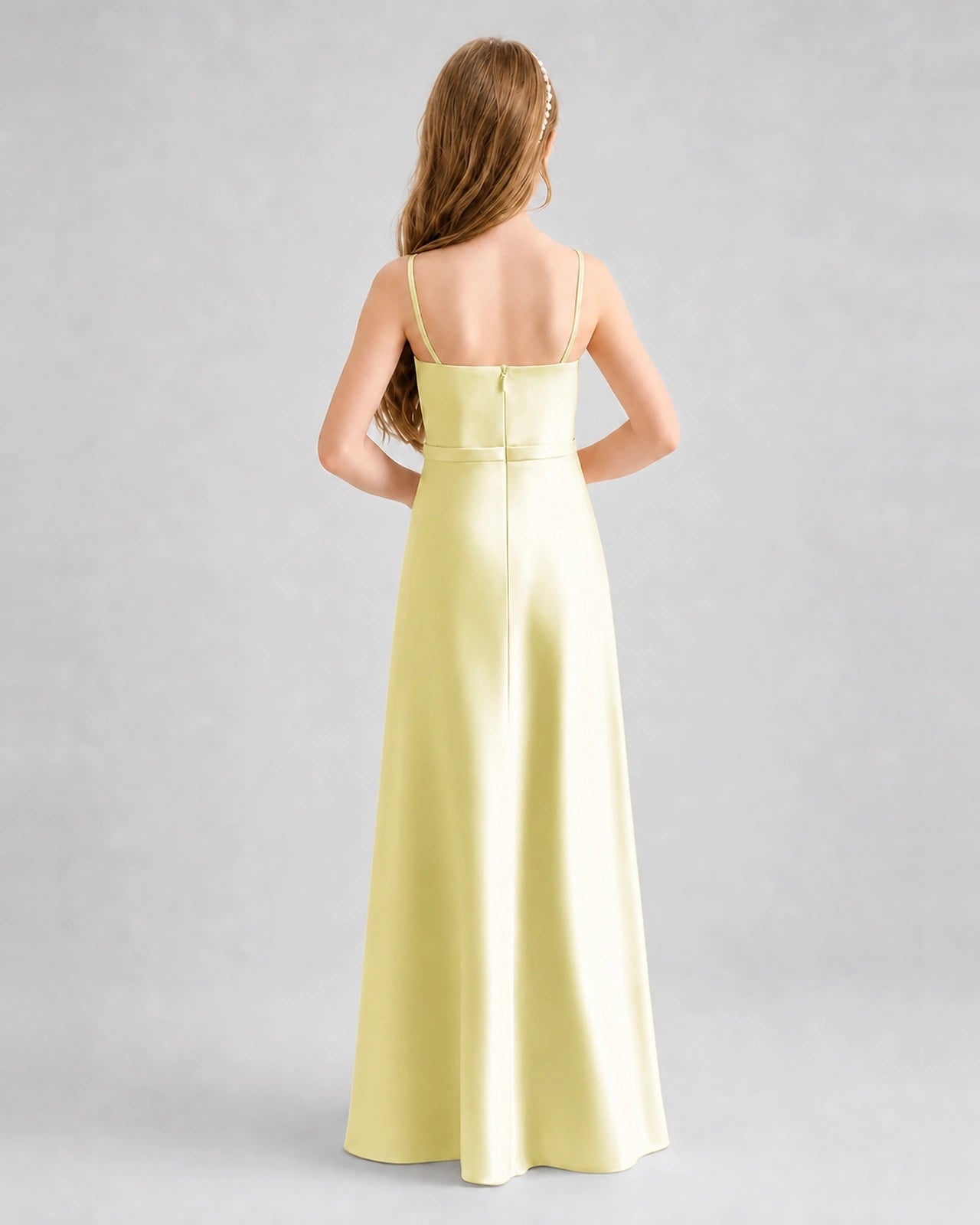 Dideyttawl Satin Junior Bridesmaid Dress with Detachable Chiffon Cape