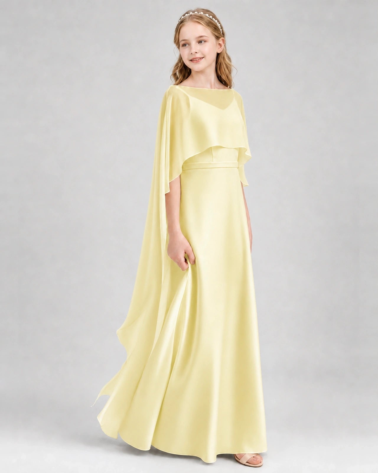 Dideyttawl Satin Junior Bridesmaid Dress with Detachable Chiffon Cape
