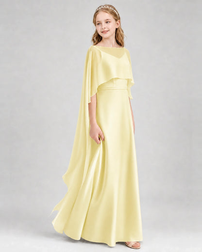 Dideyttawl Satin Junior Bridesmaid Dress with Detachable Chiffon Cape