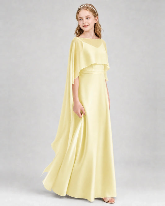 Daffodil satin cape-style junior bridesmaid dress, front view
