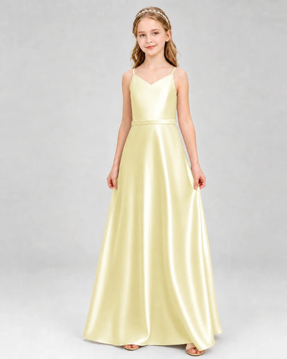 Dideyttawl Satin Junior Bridesmaid Dress with Detachable Chiffon Cape