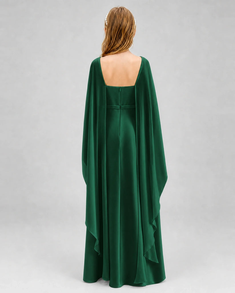 Dark Green Satin Cape Sleeve Junior Bridesmaid Dresses Back View