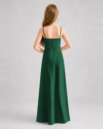 Dideyttawl Satin Junior Bridesmaid Dress with Detachable Chiffon Cape