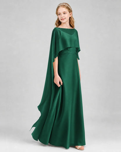 Dideyttawl Satin Junior Bridesmaid Dress with Detachable Chiffon Cape