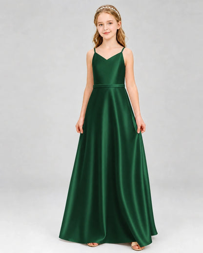 Dideyttawl Satin Junior Bridesmaid Dress with Detachable Chiffon Cape