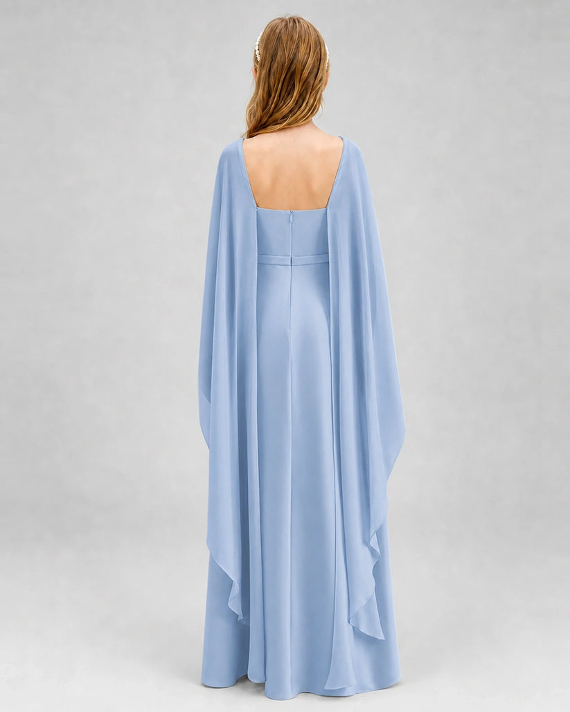 Dusty Blue Satin Cape Sleeve Junior Bridesmaid Dresses Back View