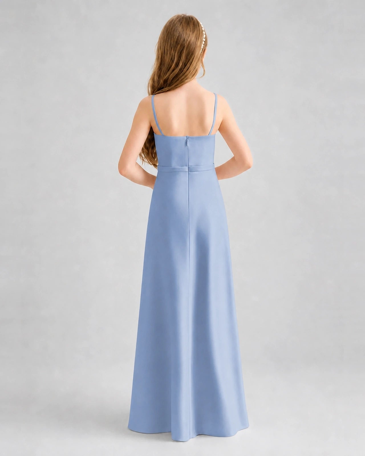 Dideyttawl Satin Junior Bridesmaid Dress with Detachable Chiffon Cape