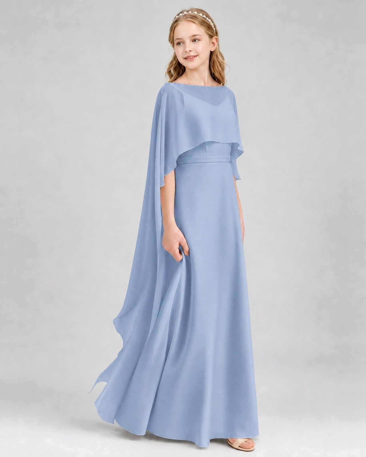 Dideyttawl Satin Junior Bridesmaid Dress with Detachable Chiffon Cape