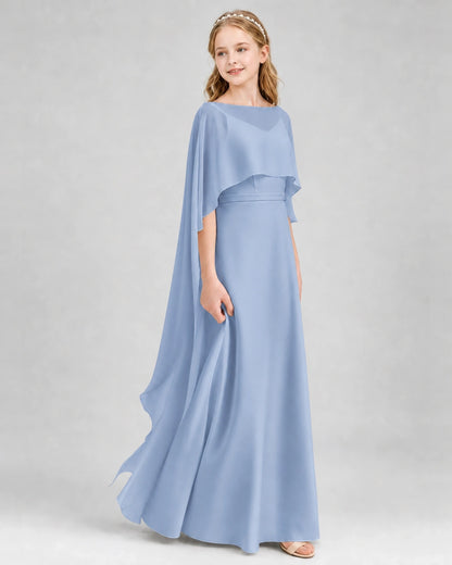 Dideyttawl Satin Junior Bridesmaid Dress with Detachable Chiffon Cape