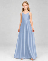 Dusty Blue Satin V-Neck A-Line Junior Bridesmaid Dresses Front View