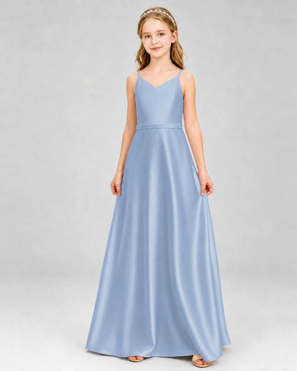 Dideyttawl Satin Junior Bridesmaid Dress with Detachable Chiffon Cape