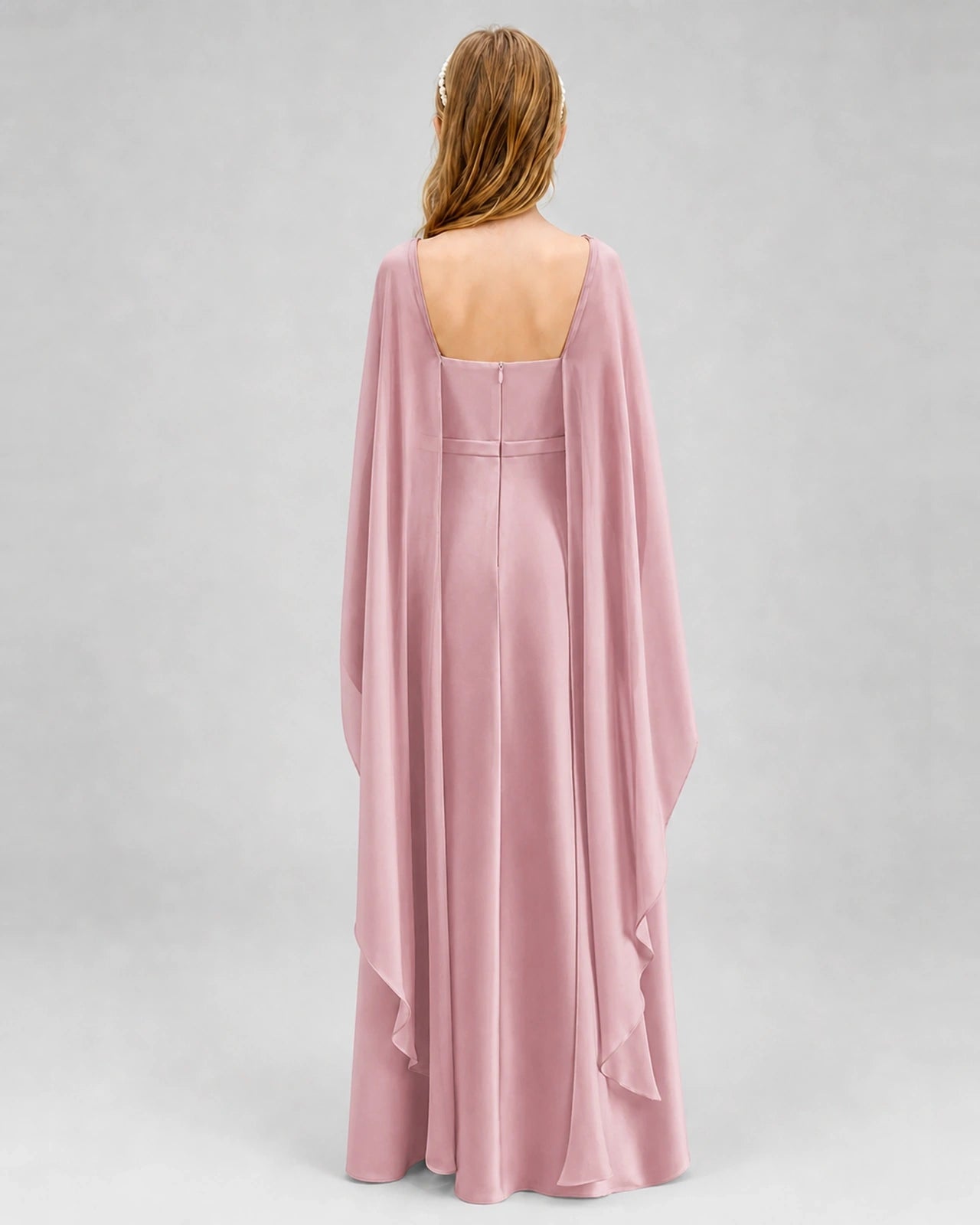 Dideyttawl Satin Junior Bridesmaid Dress with Detachable Chiffon Cape